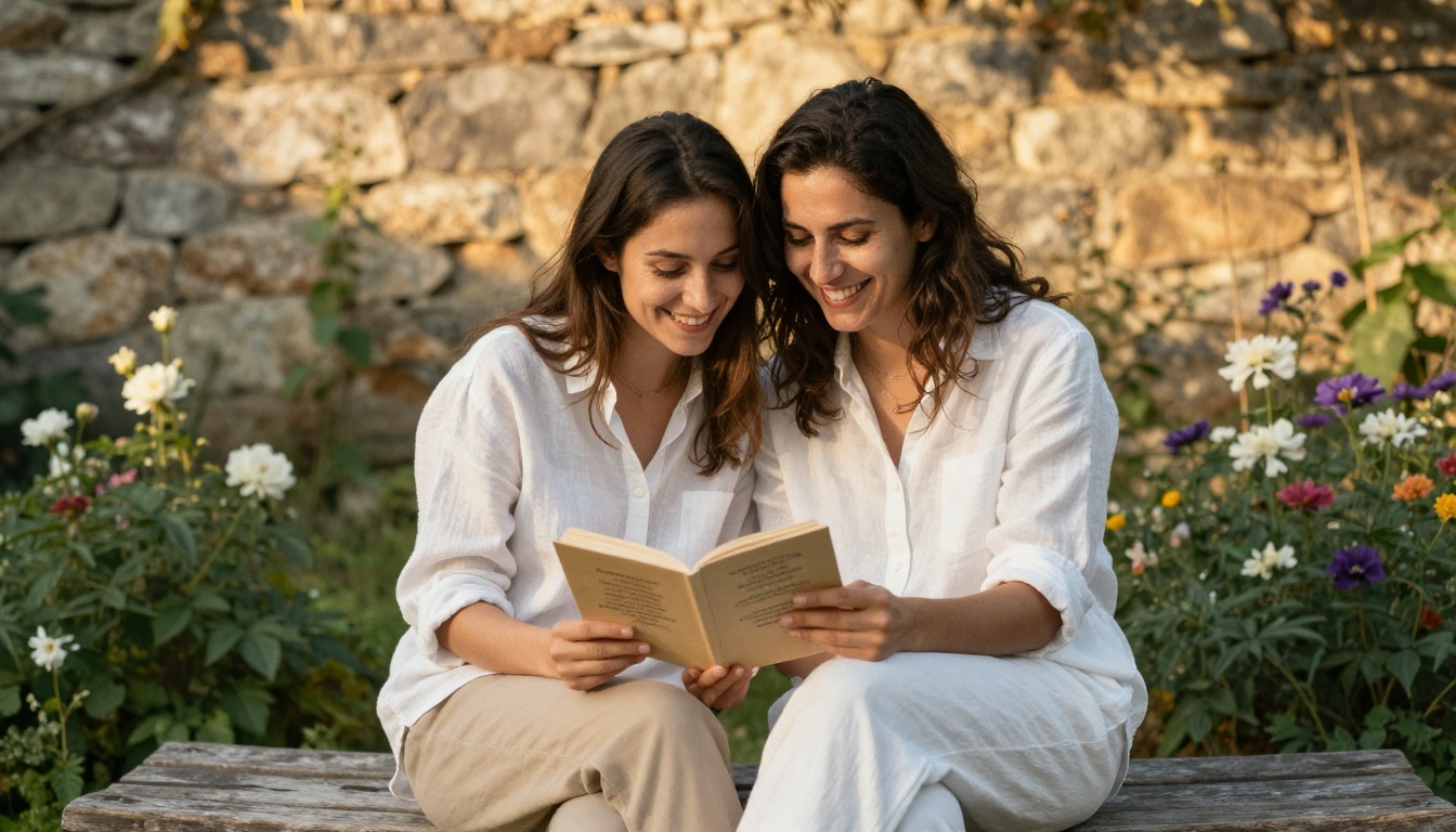 Couple sitting together on a garden bench reading their vow flipbook