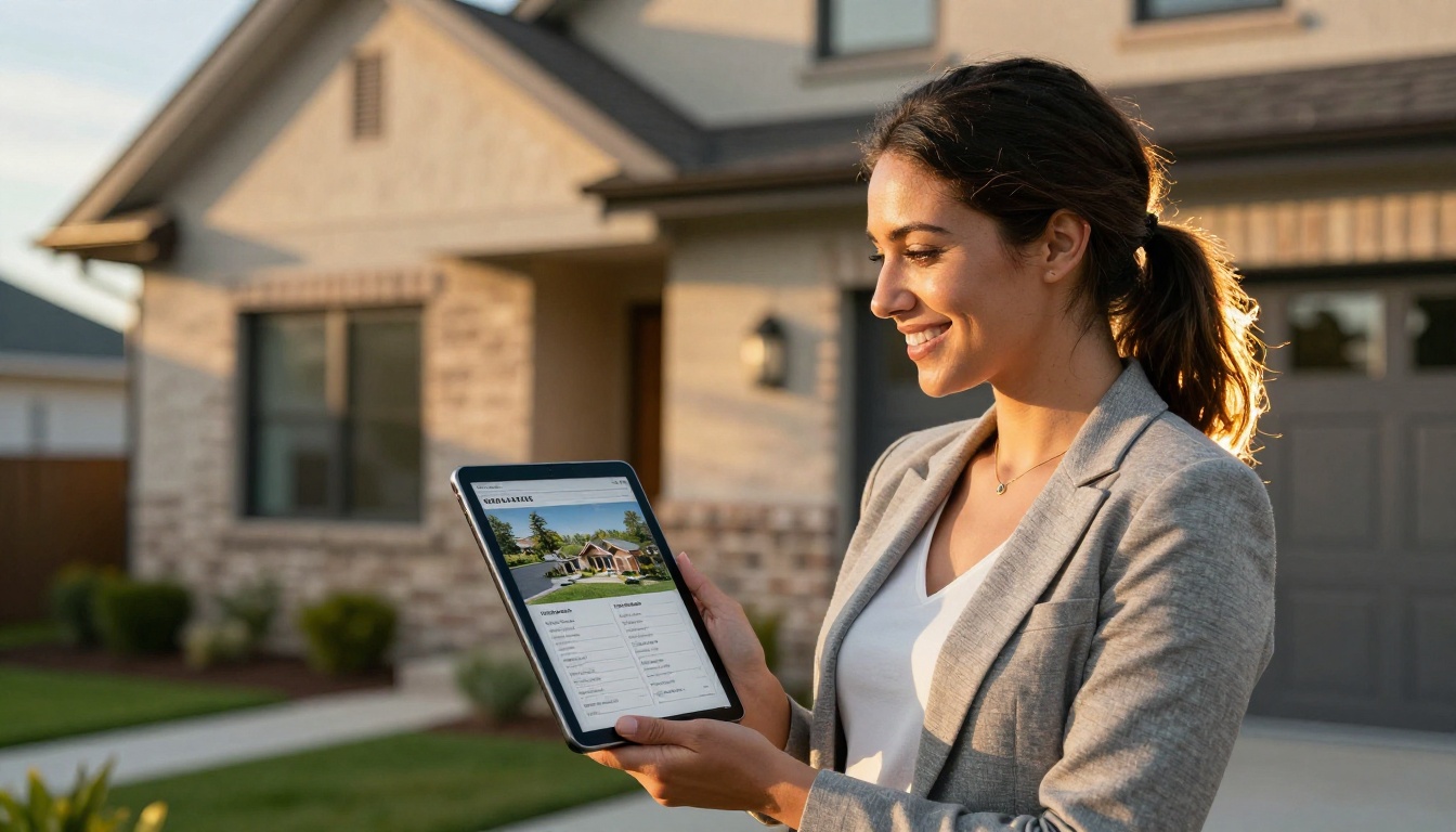 Real estate agent outdoors showing tablet with property brochure flipbook