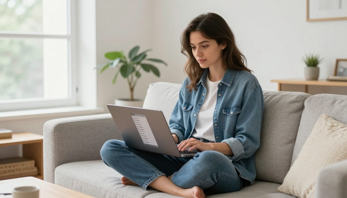 Young creative professional on sofa reviewing fashion lookbook flipbook on laptop Young creative professional on sofa reviewing fashion lookbook flipbook on laptop