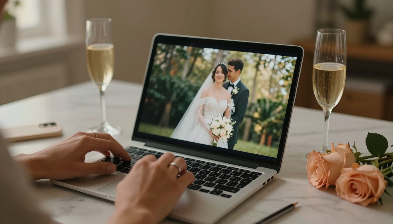 Hands uploading wedding content to a laptop with a glass of champagne nearby