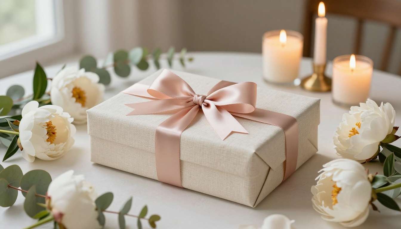 Beautifully wrapped flipbook gift box with peonies and candles