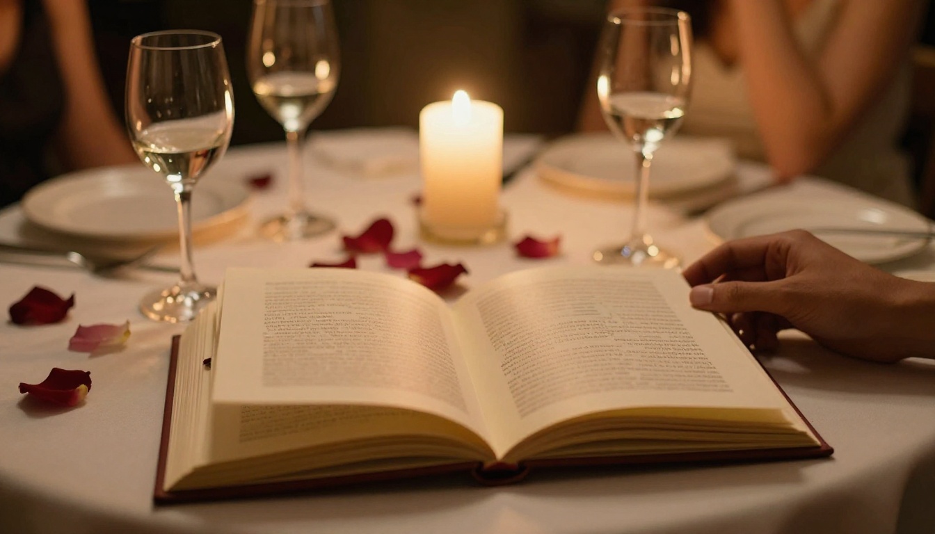 Romantic anniversary candlelit dinner table with an open vow flipbook between two wine glasses