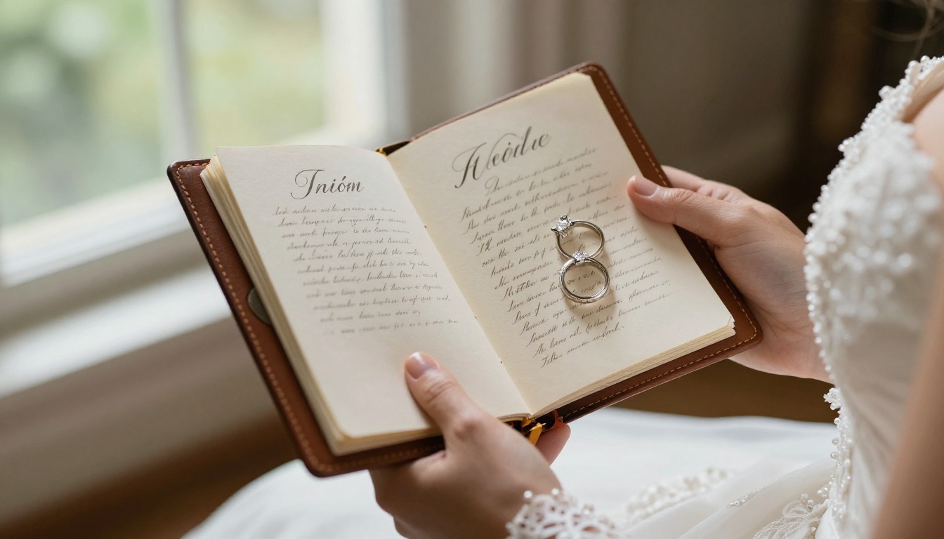Bride's hands holding a leather flipbook open to vow pages with wedding rings visible