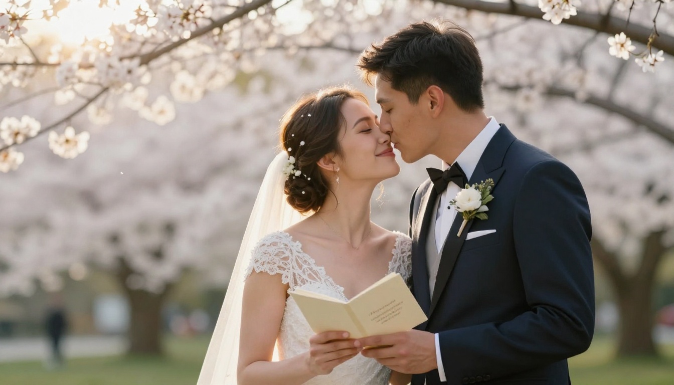 Joyful couple kissing in a cherry blossom garden while holding a small vow booklet together