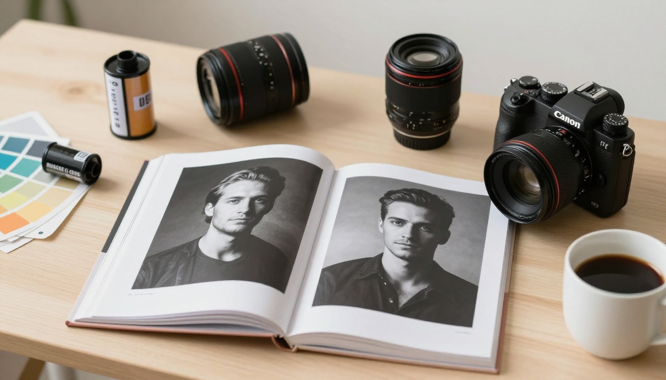 Overhead flat-lay of photography studio desk with portfolio and camera gear