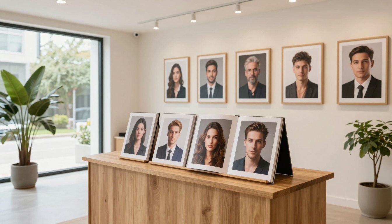 Photography studio reception area with flipbook on display stand