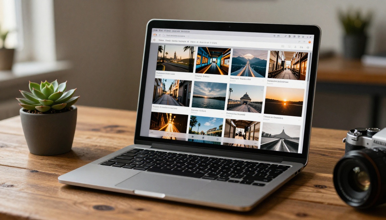 Laptop showing digital flipbook interface on rustic wooden desk