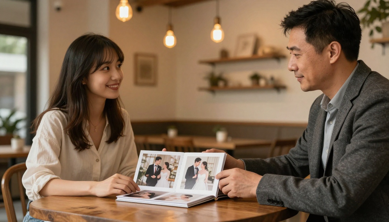 Wedding photographer presenting flipbook portfolio to couple in coffee shop