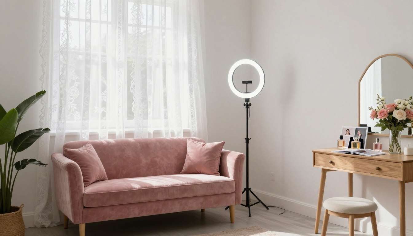 Boudoir photography studio interior with portfolio flipbook on vanity