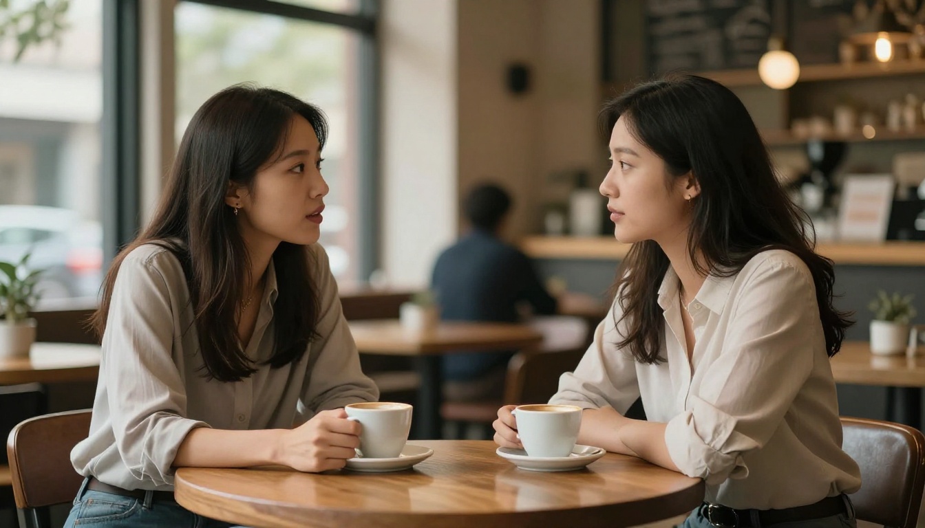 Two professional coaches having a strategy conversation at a café table