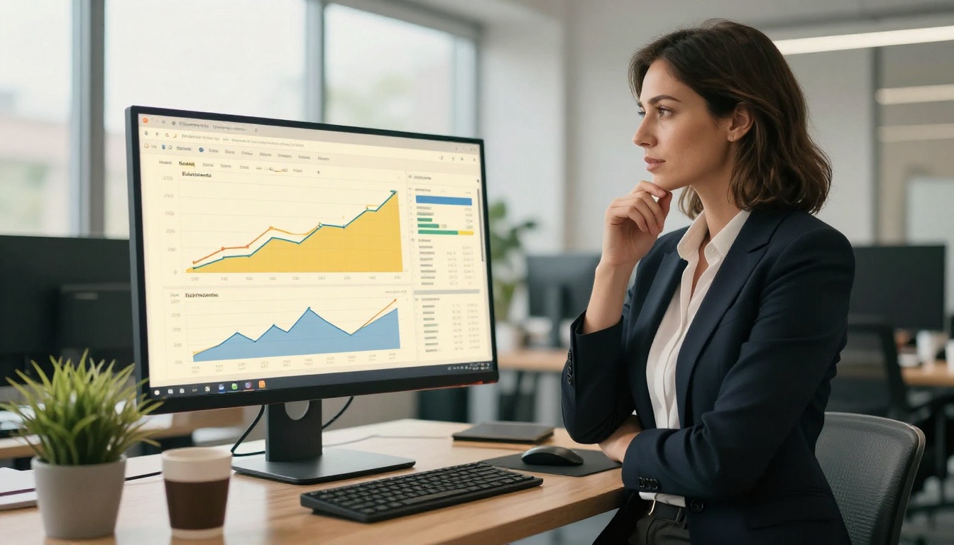 Coach reviewing growth analytics on a large widescreen monitor
