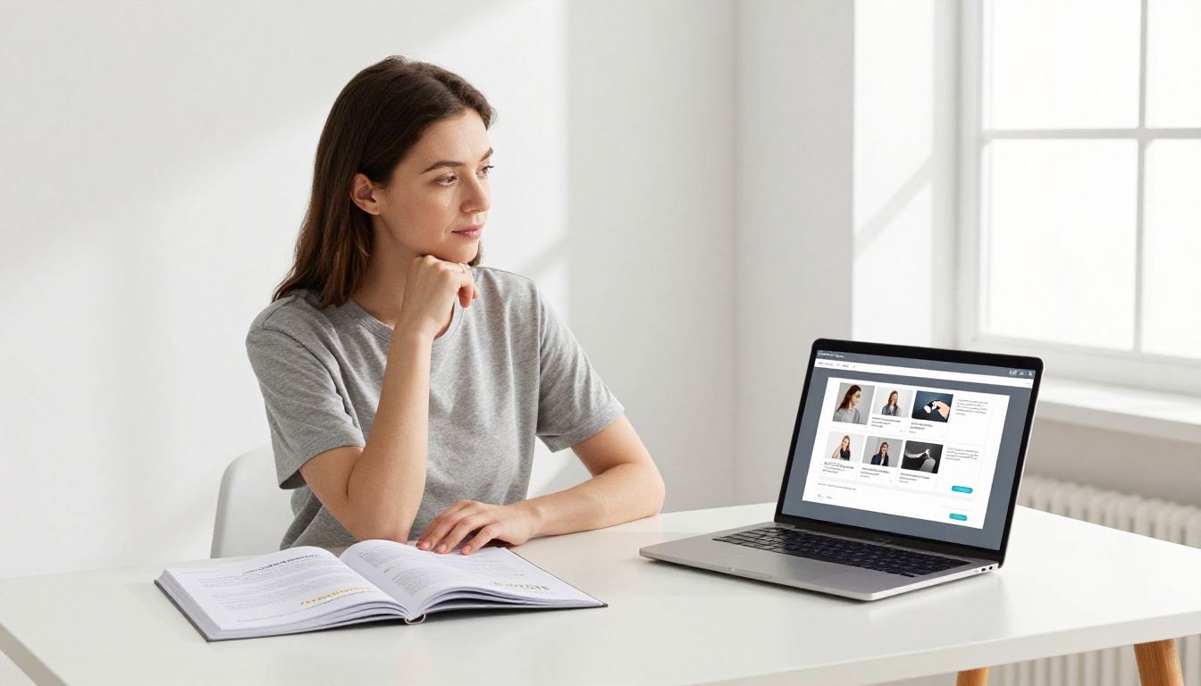 Coach comparing a printed workbook with its digital flipbook version on a laptop