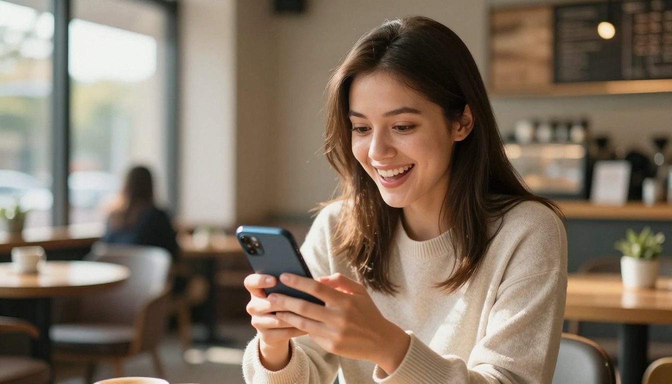 Young woman smiling at her smartphone after downloading a free coaching resource Young woman smiling at her smartphone after downloading a free coaching resource
