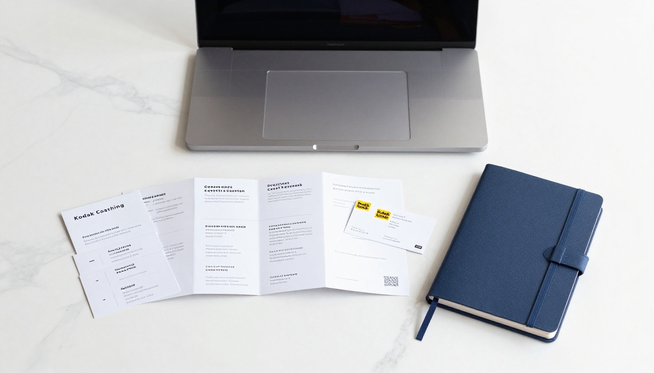 Professional coaching brand materials arranged on a clean white marble surface Professional coaching brand materials arranged on a clean white marble surface