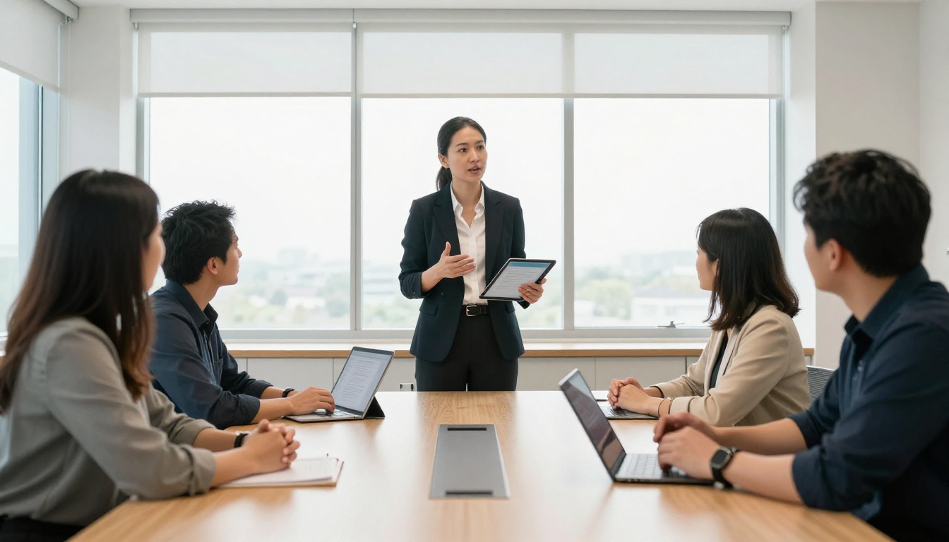 Female coach presenting a digital flipbook document to a small group in a bright meeting room Female coach presenting a digital flipbook document to a small group in a bright meeting room