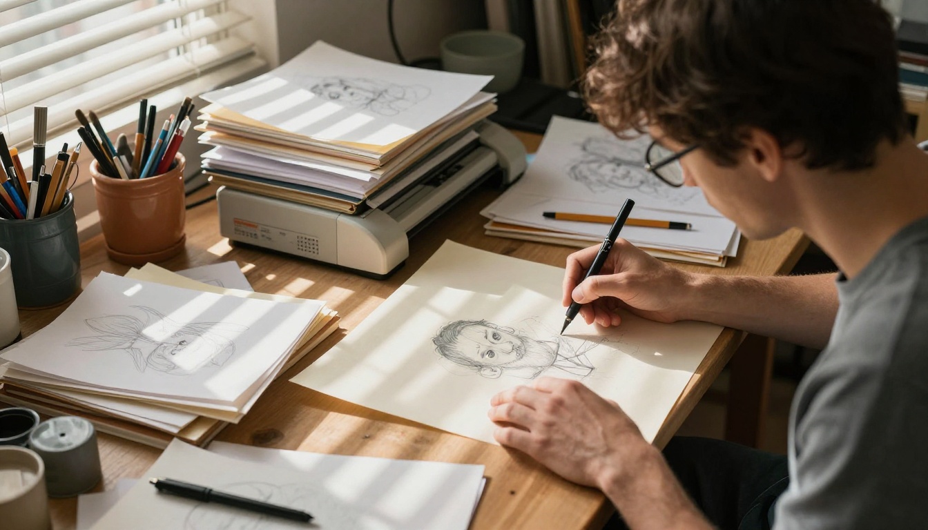 Artist scanning hand-drawn sketch pages on a flatbed scanner in a creative studio with sketchbooks and art supplies nearby Artist scanning hand-drawn sketch pages on a flatbed scanner in a creative studio with sketchbooks and art supplies nearby