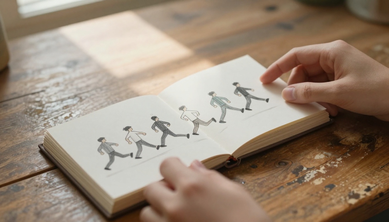 Young woman's hands flipping through pages of a handmade flipbook showing a pencil-drawn figure caught mid-flip Young woman's hands flipping through pages of a handmade flipbook showing a pencil-drawn figure caught mid-flip