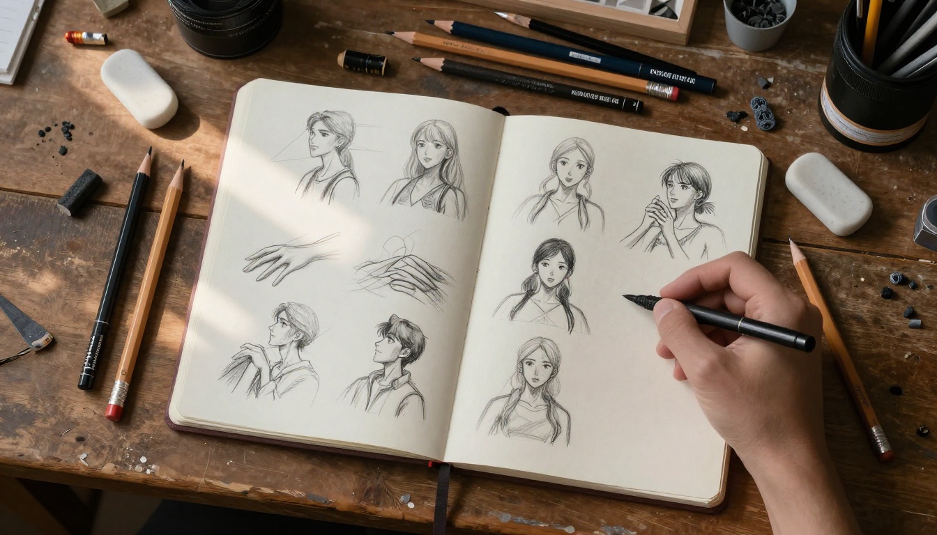 Overhead flat-lay of open sketchbook surrounded by pencils and art tools on a wooden studio table Overhead flat-lay of open sketchbook surrounded by pencils and art tools on a wooden studio table
