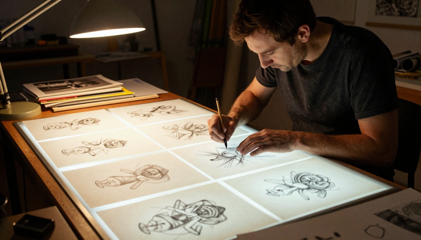 Male artist with graphite-stained hands organizing sketch pages in sequence on an illuminated light box table Male artist with graphite-stained hands organizing sketch pages in sequence on an illuminated light box table