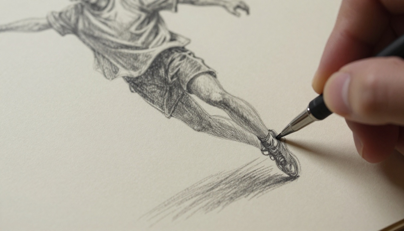 Extreme macro close-up of a hand-drawn pencil sketch on cream paper showing a figure mid-jump with visible graphite texture Extreme macro close-up of a hand-drawn pencil sketch on cream paper showing a figure mid-jump with visible graphite texture