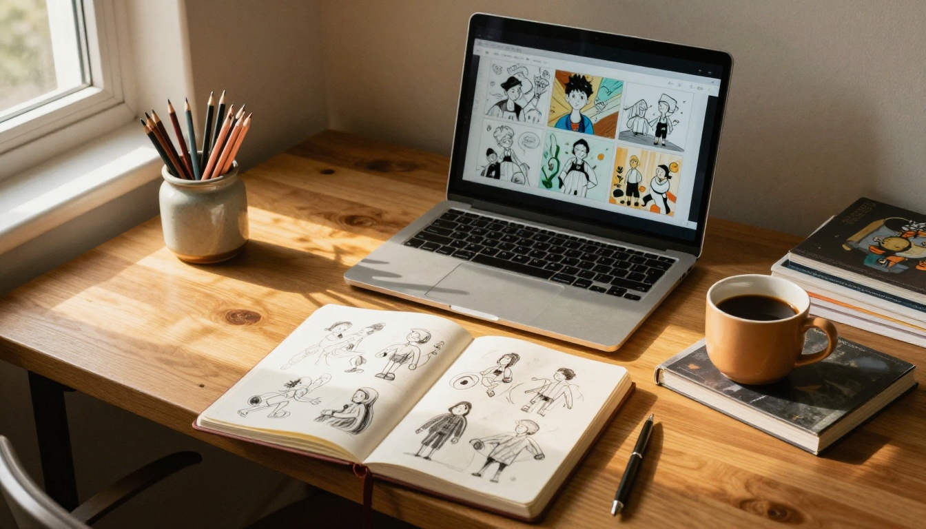 Artist's organized wooden desk with laptop showing digital flipbook preview next to an open sketchbook, colored pencils, and art books in morning light Artist's organized wooden desk with laptop showing digital flipbook preview next to an open sketchbook, colored pencils, and art books in morning light