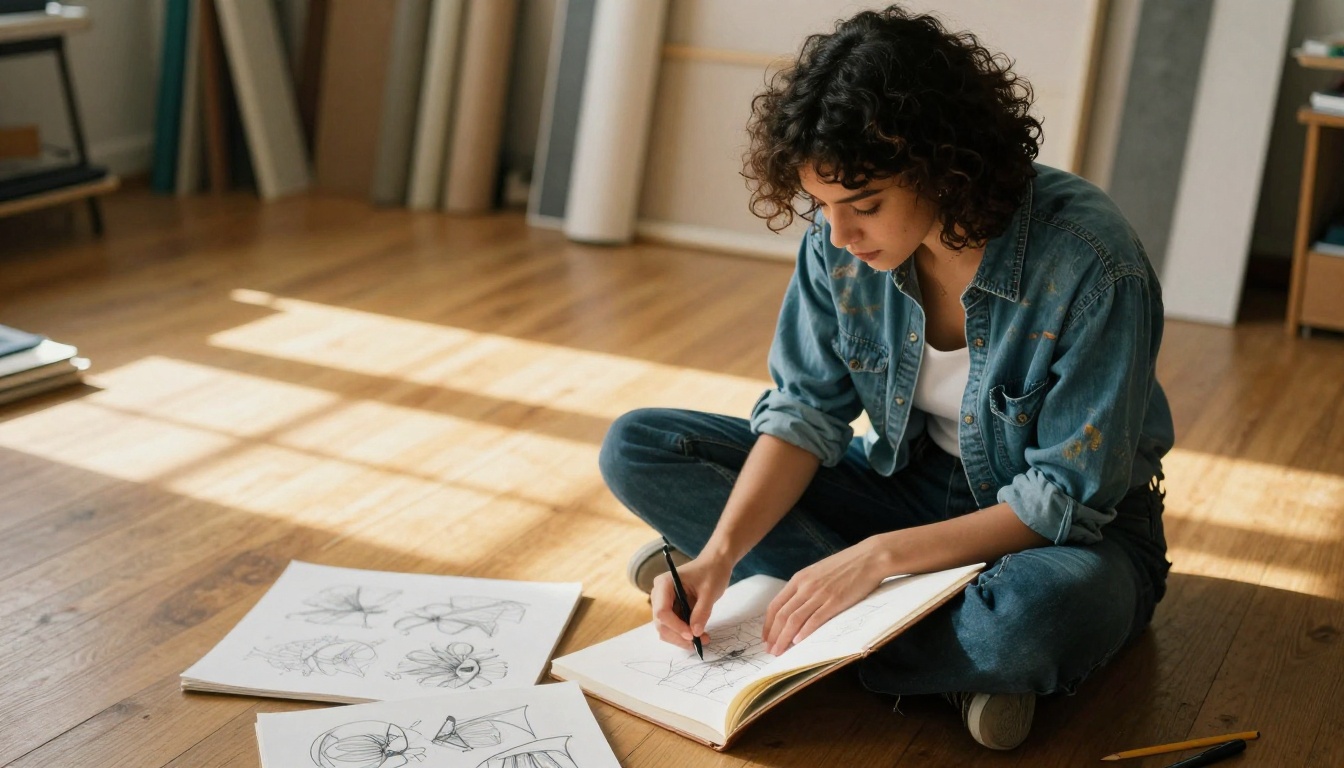 Young creative woman with dark curly hair sitting cross-legged on a studio floor reviewing sequential pencil drawing pages in warm afternoon light Young creative woman with dark curly hair sitting cross-legged on a studio floor reviewing sequential pencil drawing pages in warm afternoon light