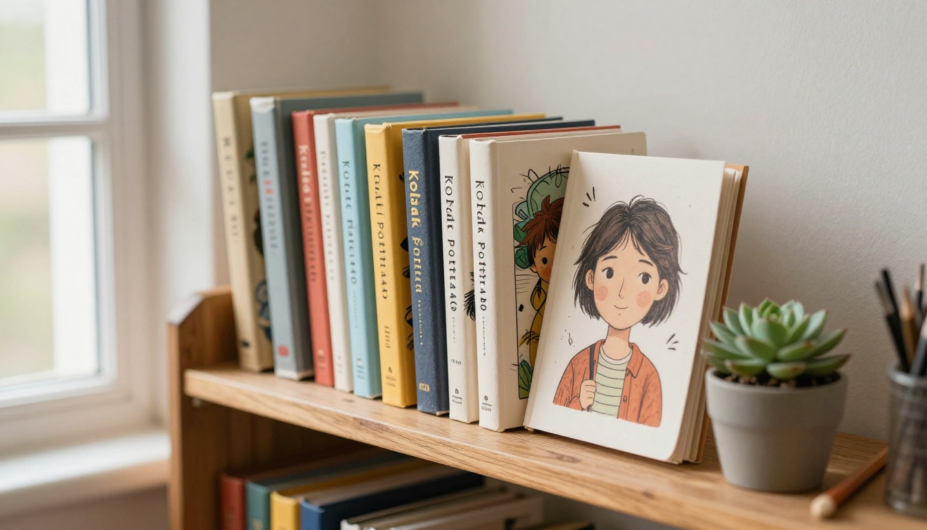 Stack of hand-crafted flipbooks with illustrated covers resting on a rustic wooden shelf with a small succulent and art tools nearby Stack of hand-crafted flipbooks with illustrated covers resting on a rustic wooden shelf with a small succulent and art tools nearby