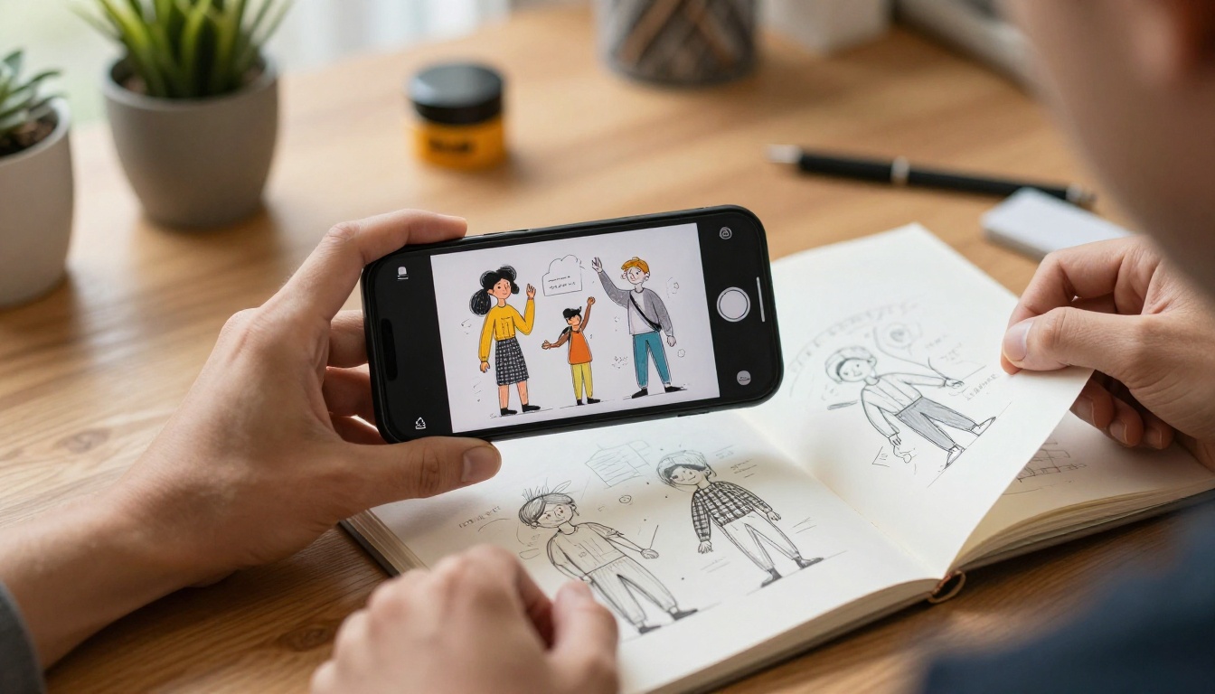 Person holding smartphone showing digital flipbook animation with sketch figures, other hand flipping through physical sketchbook on a wooden desk Person holding smartphone showing digital flipbook animation with sketch figures, other hand flipping through physical sketchbook on a wooden desk