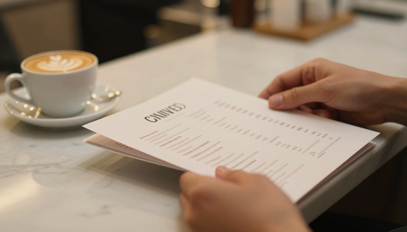 Salon stylist hands holding a printed service menu brochure beside an espresso cup on a marble countertop Salon stylist hands holding a printed service menu brochure beside an espresso cup on a marble countertop