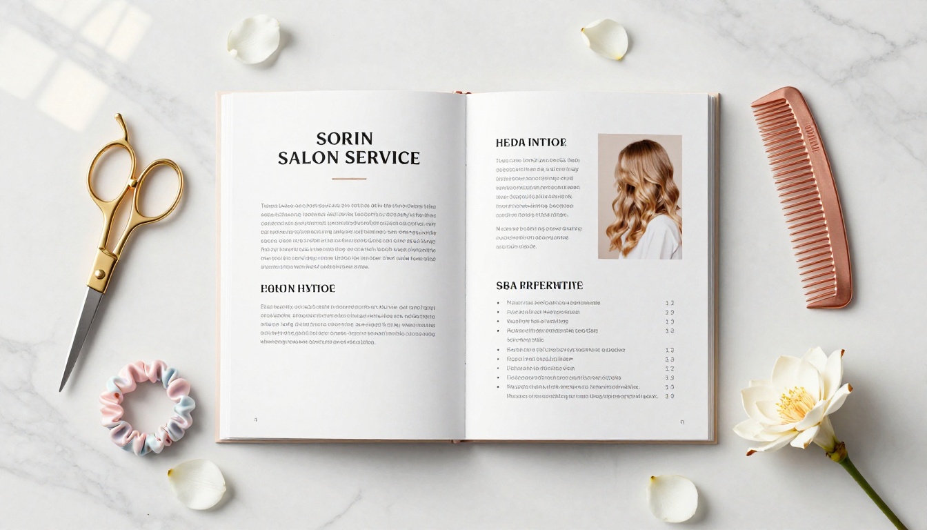 Aerial flat-lay of a salon service brochure spread open on white marble surrounded by gold scissors, a rose gold comb, and flower petals Aerial flat-lay of a salon service brochure spread open on white marble surrounded by gold scissors, a rose gold comb, and flower petals