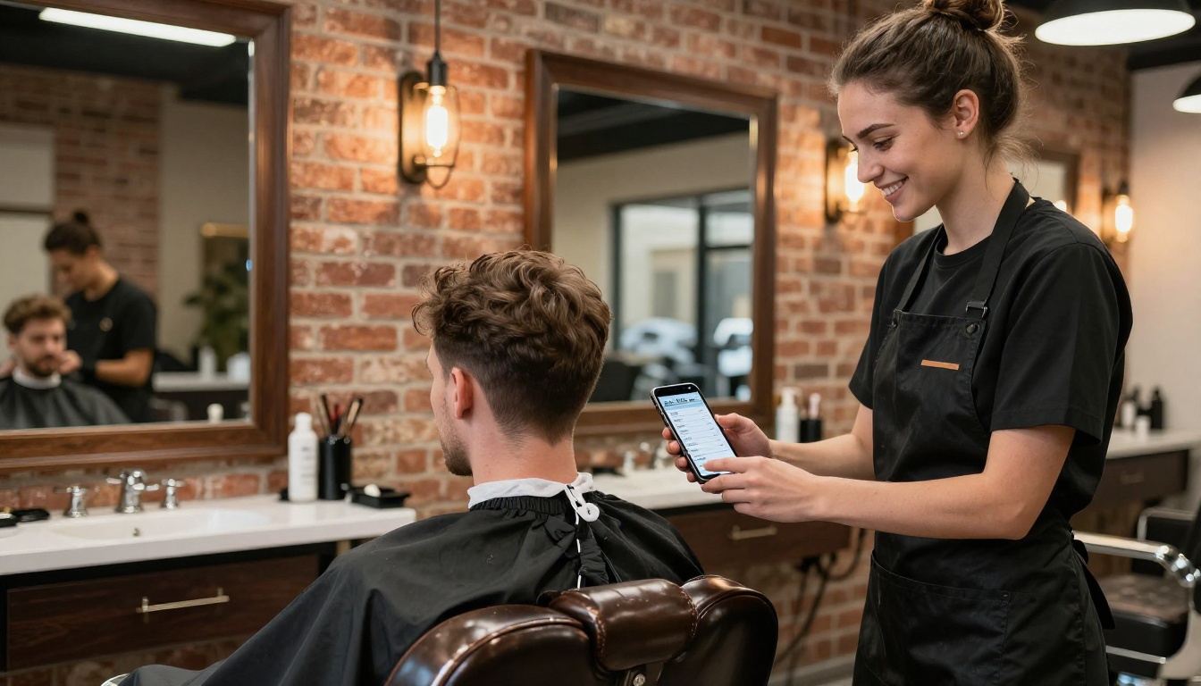 Female barber in a modern barbershop showing a male client a digital service price list on a smartphone Female barber in a modern barbershop showing a male client a digital service price list on a smartphone