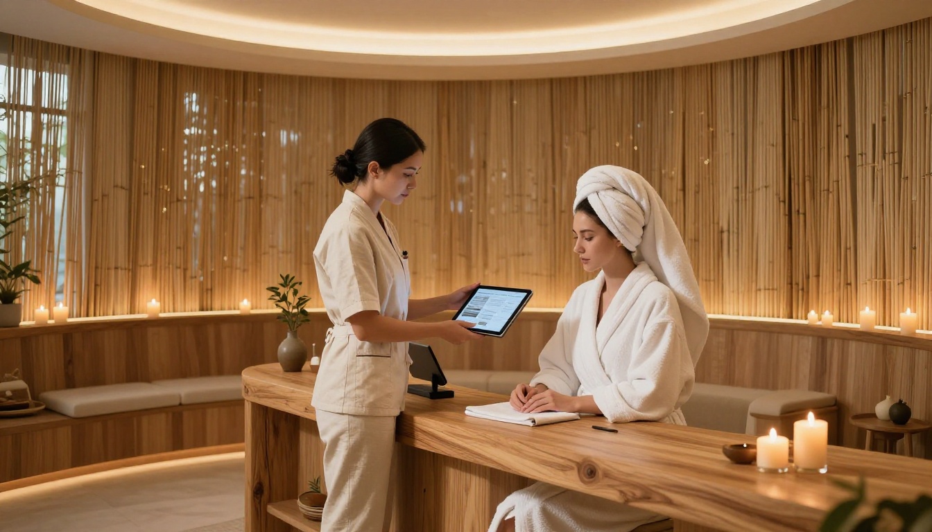 Wellness coordinator in cream linen uniform presenting a tablet brochure to a client in a white robe at a serene spa reception Wellness coordinator in cream linen uniform presenting a tablet brochure to a client in a white robe at a serene spa reception