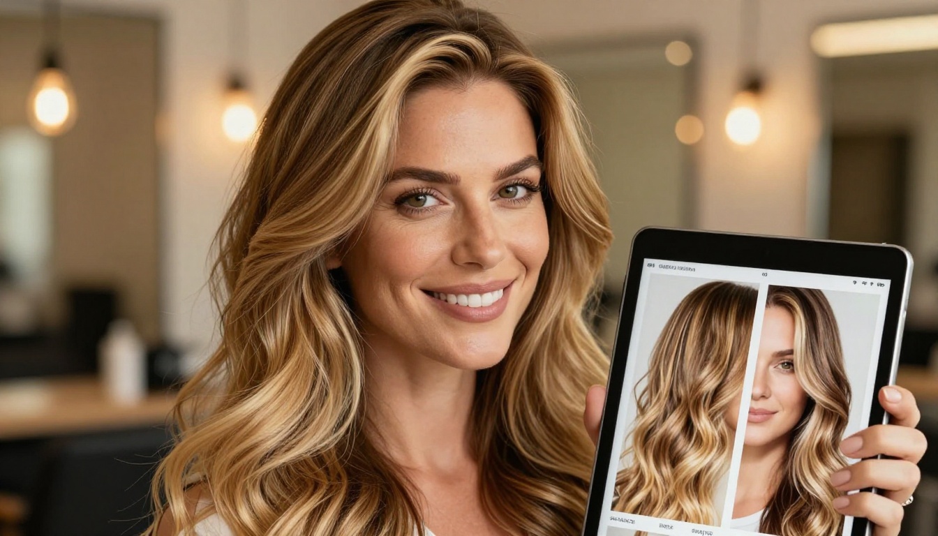 Professional hair colorist with balayage highlights holding a tablet showing a before-and-after portfolio flipbook