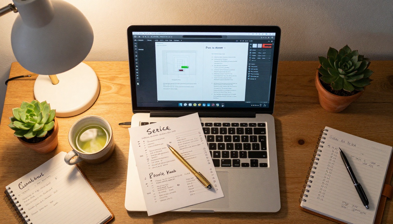 Salon owner's desk with a laptop showing a flipbook editor, printed PDF draft, gold pen, and green tea overhead