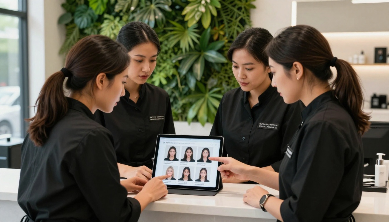 Three professional stylists in black uniforms gathered around a wall-mounted tablet at a salon reception counter showing a team lookbook
