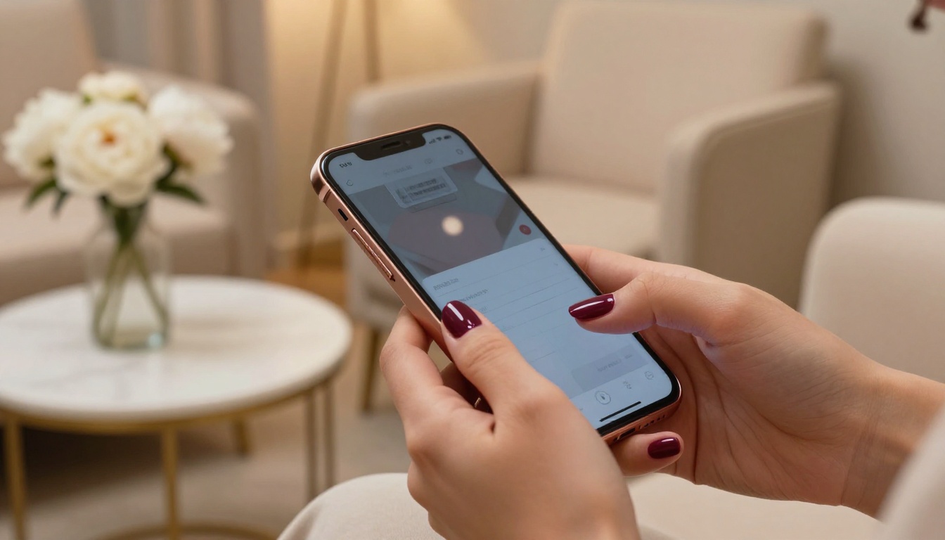 Woman with burgundy gel nails scrolling a digital flipbook on a rose gold smartphone in a cozy salon waiting area with white peonies