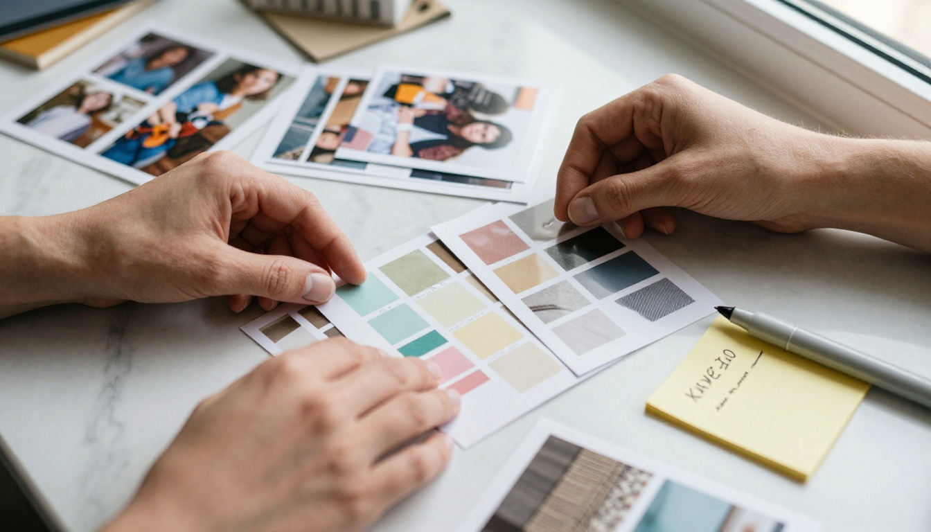 Designer organizing mood board elements on marble table