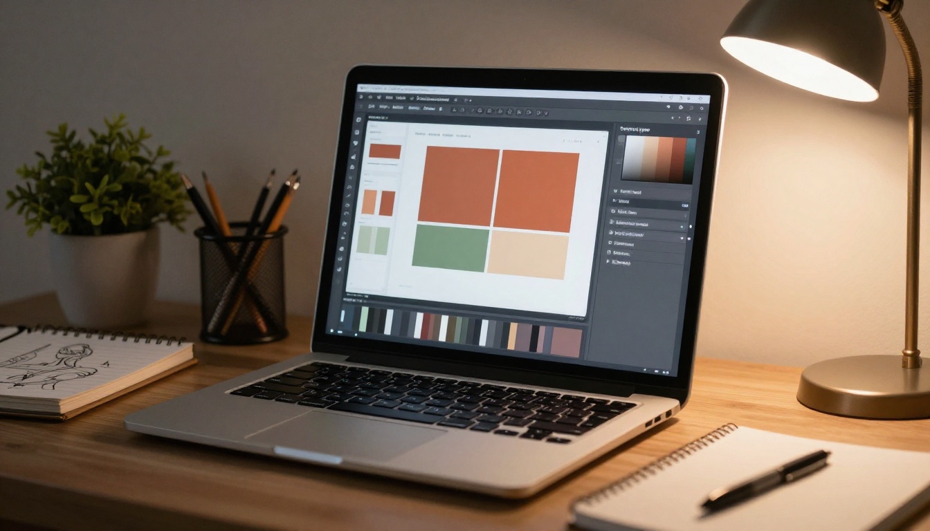 Freelance designer working on digital mood board late at home office