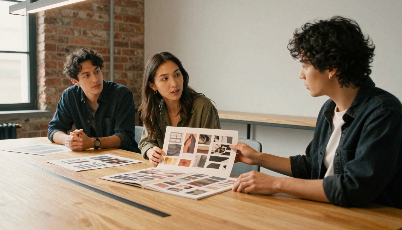 Designer presenting mood board to clients across a conference table
