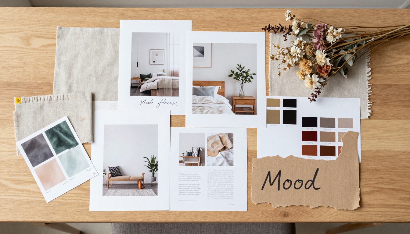 Aerial flat lay of mood board with swatches, photos, and dried flowers