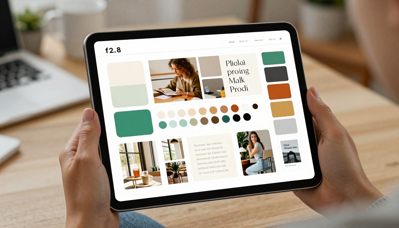 Woman's hand holding tablet showing interactive flipbook mood board