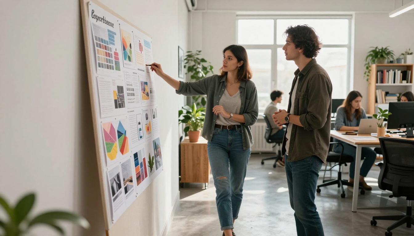 Creative agency designer presenting foam board mood board to client Creative agency designer presenting foam board mood board to client