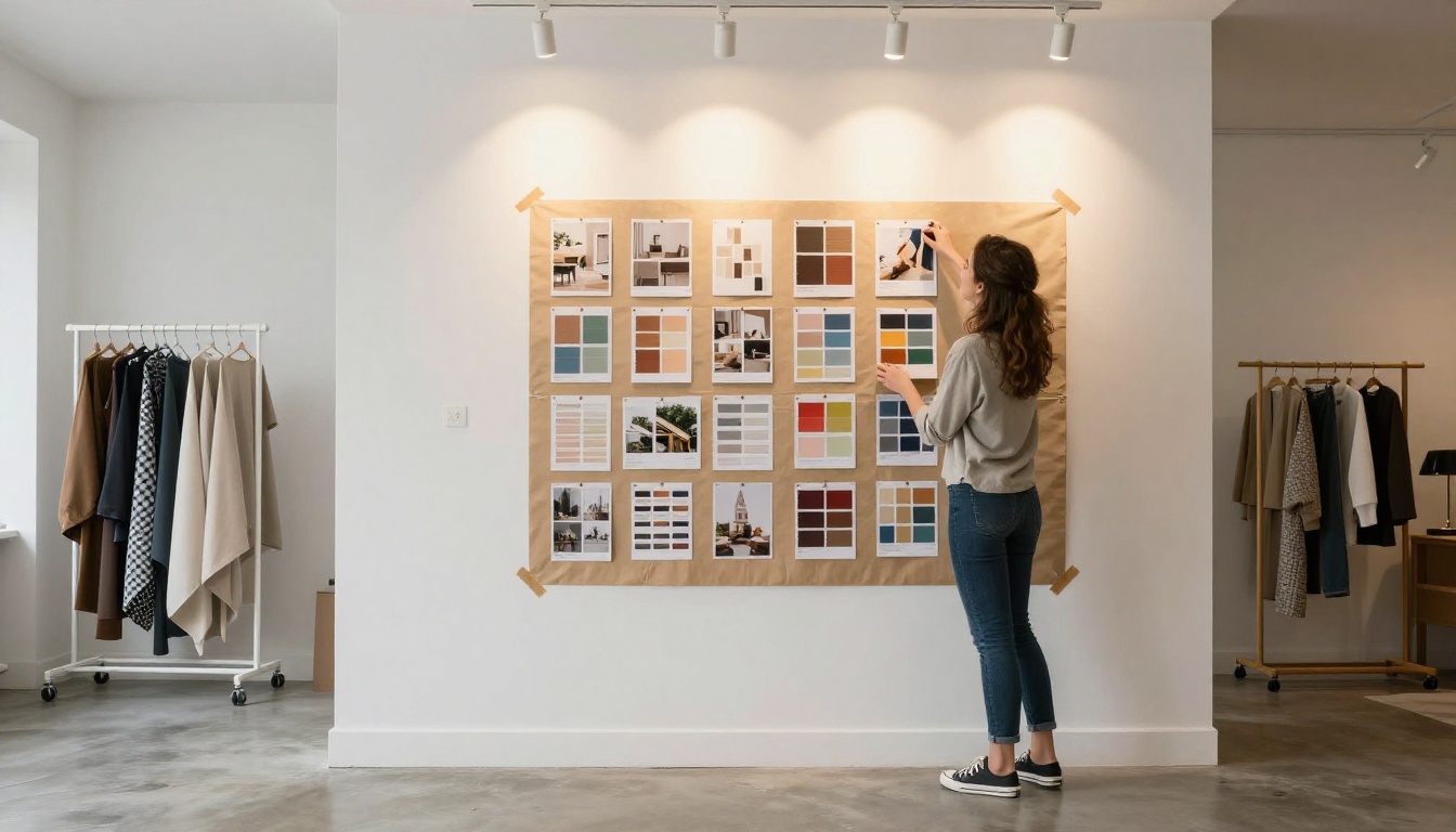 Interior designer pinning swatches and images to studio wall Interior designer pinning swatches and images to studio wall