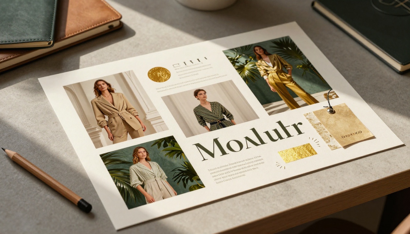 Printed luxury mood board lying open on a designer's desk Printed luxury mood board lying open on a designer's desk