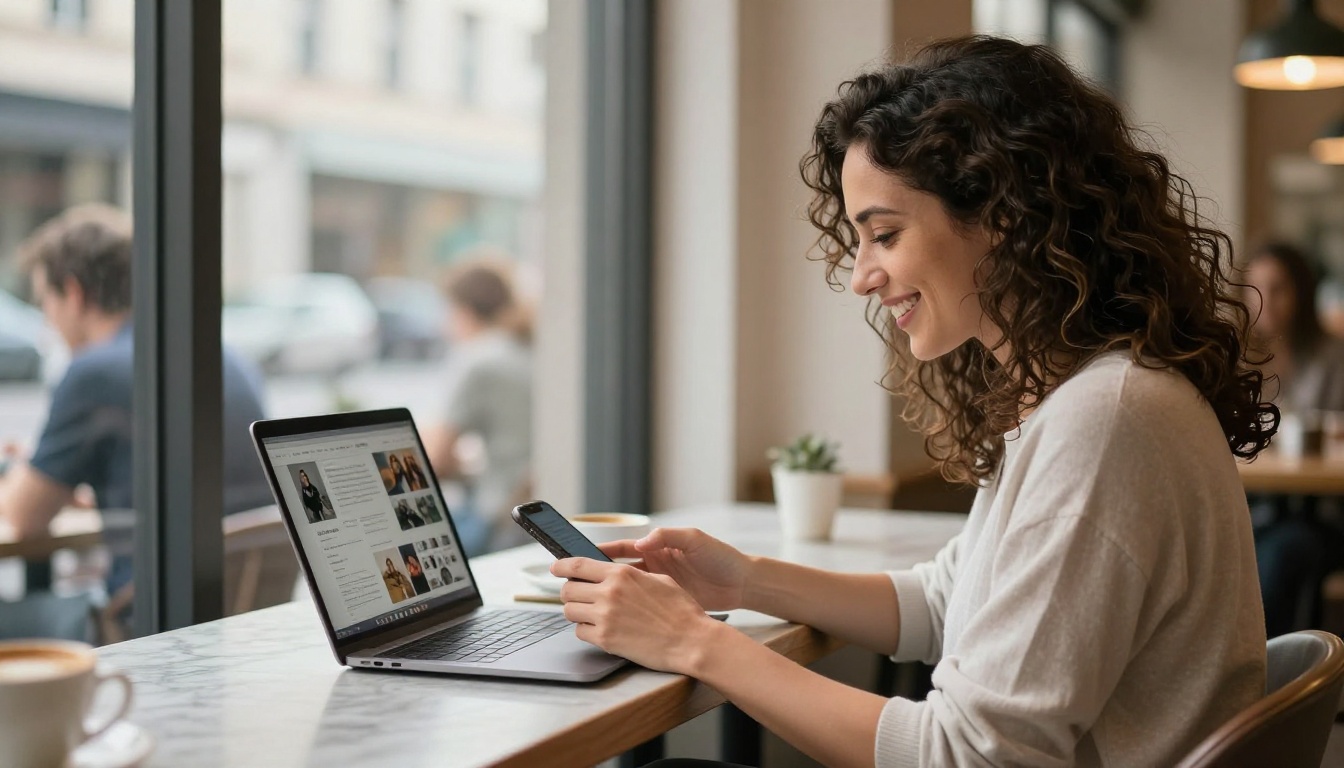 Smiling freelancer reviewing client feedback on mood board in a cafe Smiling freelancer reviewing client feedback on mood board in a cafe