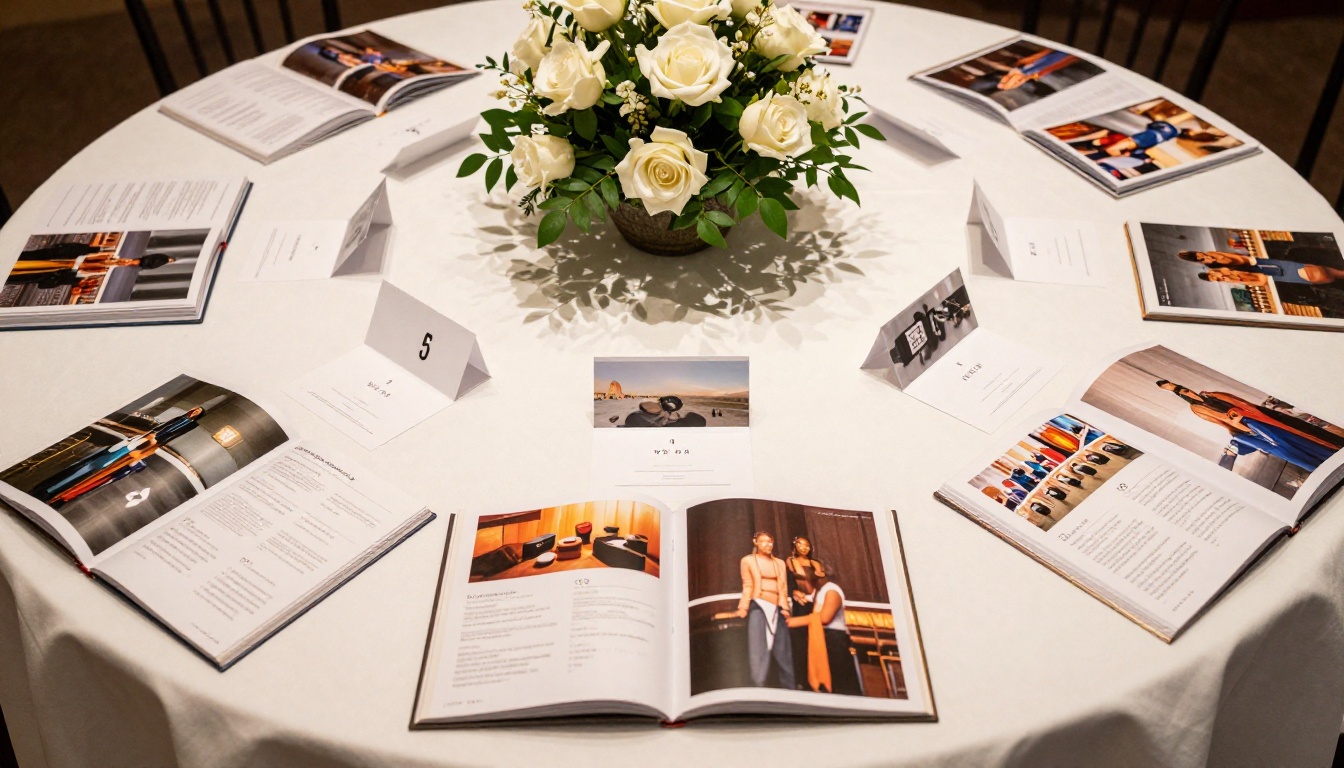 Aerial overhead view of organized charity auction display tables with flipbook catalogs, bid sheets, and white rose centerpieces Aerial overhead view of organized charity auction display tables with flipbook catalogs, bid sheets, and white rose centerpieces