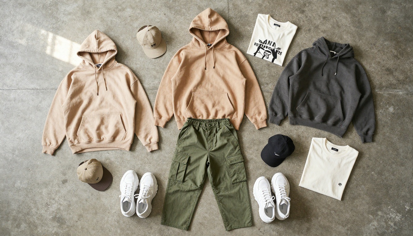 Streetwear collection flat lay on concrete floor