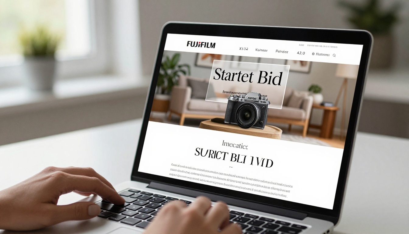 Laptop screen displaying a beautifully designed digital flipbook auction item page with soft natural window light