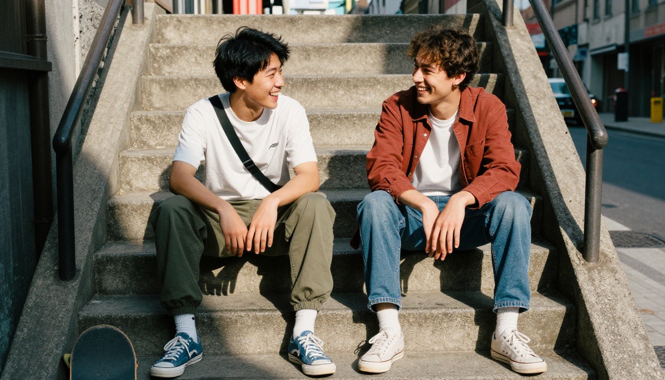 Two friends in coordinated streetwear on urban steps