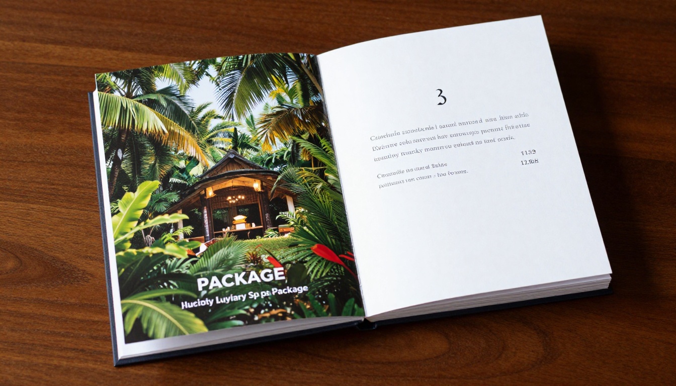 Open flipbook page spread showing luxury spa item with clean typography and bid details on dark wood